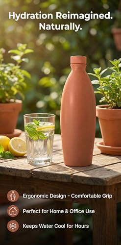 Image of Bindian Handcrafted Terracotta Water Bottle, Natural Clay Mitti Bottle with pH Balancing, Mineral Rich Calcium Magnesium, Plastic-Free Traditional Surahi