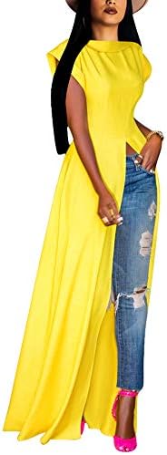 VOIKERDR Womens Casual Crew Ncek Short Sleeve Jumpsuits Solid Open Front Split Wide Leg Jumpsuit Rompers Yellow M