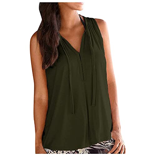 SUNyongsh Women Sleeveless Tank Tops Solid Color V-Neck Lace Up Casual Loose Blouse Basic Summer Classic T-Shirts Army Green