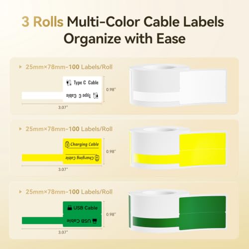 Image of NIIMBOT Cable Labels 3 Rolls Set for B1 /B21 /B2 /B31 Label Maker, 3 Colors | 25x78mm (0.98'' x 3.07'') 100 Labels /Roll, Refill Labeling Tape for Home School Office Small Business, White /Yellow /Green