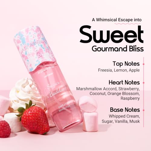 Image of Aqualogica Refresh+ Perfume Body Mist - Sugar Baddie Delicious Marshmallow Gourmand Fragrance | Lasts Up To 8 Hours | Skin-friendly & Non-Irritating | Double Duty Mist for Hair & Body | For Men & Women | 150 ml