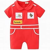 Baby Boy Car Racer Romper - Cotton Short Sleeve Outfit for Birthday, Halloween, Toddler Clothes (Red, 6-12 Months)