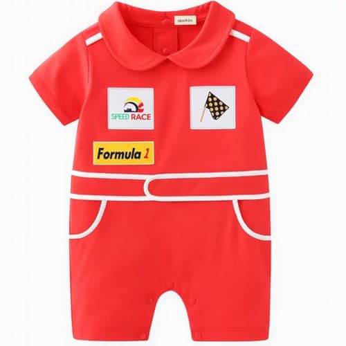 Baby Boy Car Racer Romper - Cotton Short Sleeve Outfit for Birthday, Halloween, Toddler Clothes (Red, 6-12 Months)