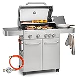 Klarstein Gasgrill mit Großer Grillfläche, Gasgrill 1 Seitenbrenner & 4 Brenner, 17,1kW Edelstahl-Gasgrill, BBQ Gasgrill für Balkon & Garten, Grill für Propan, Gasgrills mit 5 Brenner & Thermometer