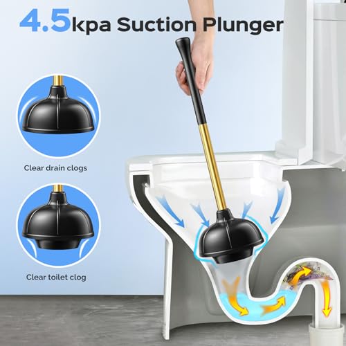 Image of HAMITOR Toilet Plunger and Brush Set: 2 in 1 Stainless Steel Combo with Curved Bristles - Heavy Duty Toilet Unclogging for Family Bathroom - Compact Hideaway Apartment Cleaning Accessories - Gold