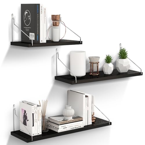 Cestbella Wall Floating Shelves Wall Shelf Organizer Set of 3 with Metal Brackets No Drill Door Display Rack Black Books DIY Hanging Storage Shelf for Living Room Bedroom Home Office 40 50 60x14cm