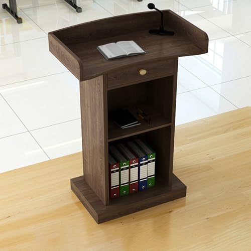 Podio de madera con superficie ancha y estante de almacenamiento marrón