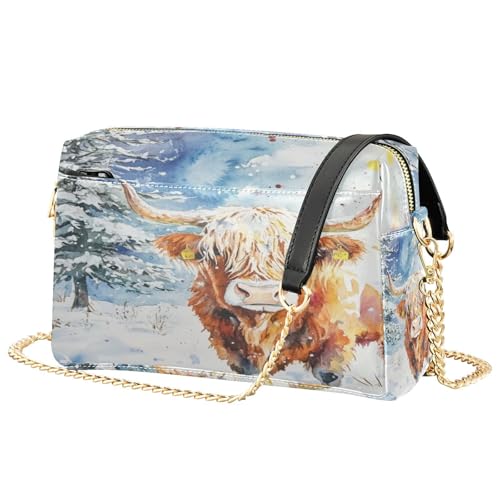 Highland Cow Tree Snow Crossbody Bags for Women Leather Purses Small Shoulder Handbags2