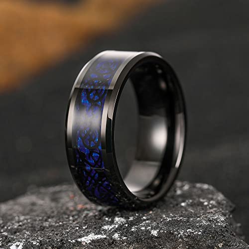 THREE KEYS JEWELRY Mens 8mm Dragon Blue Carbon Fiber Black Celtic Tungsten Carbide Ring Wedding Band Comfort Fit size 8.5 - Thumbnail 3