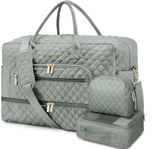 Large Travel/Weekender Duffle Bag with Shoe Compartment and Toiletry Bag, 3 pc set, Dark Green