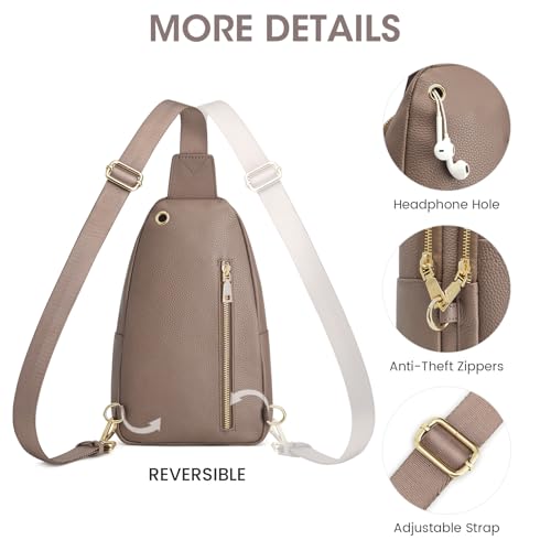 Image of Kattee Sling Bag for Women, Leather Crossbody Bag for Travel, Khaki | Top Grain Pebbled Leather. RFID back pocket, small chest bag fit 6.9-inch phone, fanny pack with adjustable strap.