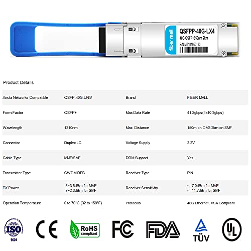 Image of QSFP 40G+LX4 for Arista QSFP-40G-UNIV 40GBASE-LX4 QSFP+ 4 CWDM 1310nm 2km /150m SMF /MMF LC DDM Optical Transceiver Module
