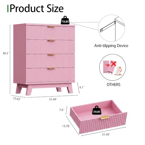 Image of Xixini Fluted Nightstand with 4 Drawers, 31.5 inch Wide Side Table, Pink