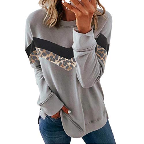 Womens Sweatshirt with Side Slits Leopard Striped Color Matching Long Sleeve Pullover Casual Crewneck Tunics Shirt Tops Gray