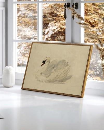 Image of KISSFOX Framed Wall Art Vintage Wall Decor Swan Pictures Retro Animal Canvas Art Rustic Aesthetic Paintings Farmhouse Artwork For Bedroom Living Room Kitchen
