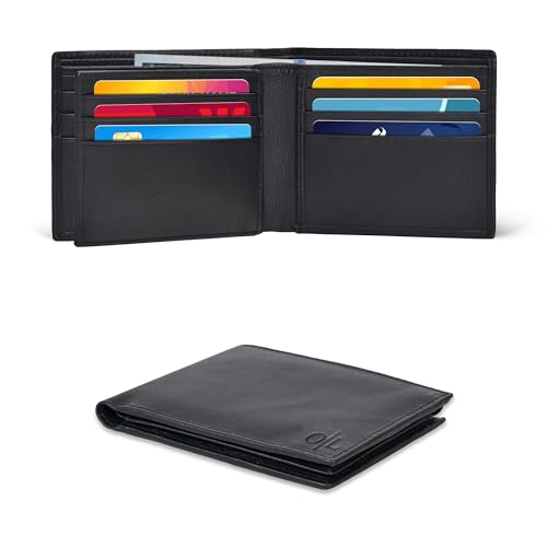 Mens RFID Blocking Bifold Wallet | Soft Genuine Leather | 9 Credit Cards Slot | Minimalist Black Wallet For Men | 1 ID