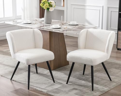 LIVINOVA Mid Century Dining Chair Set of 2 White Sherp Dining Room Chairs with Back Boucle Armless Accent Chair Farmhouse Upholstered Kitchen Chairs Side Chairs for Living Room with Black Legs