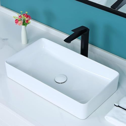 Image of QUALITO Table Top Wash Basin for Bathroom, Living Room, Hall, Dinning Room | Countertop /Over Counter Ceramic Vessel Sink /Basin | Glossy Finish Table Top Wash Basin (White, 24X14X5 Inch)
