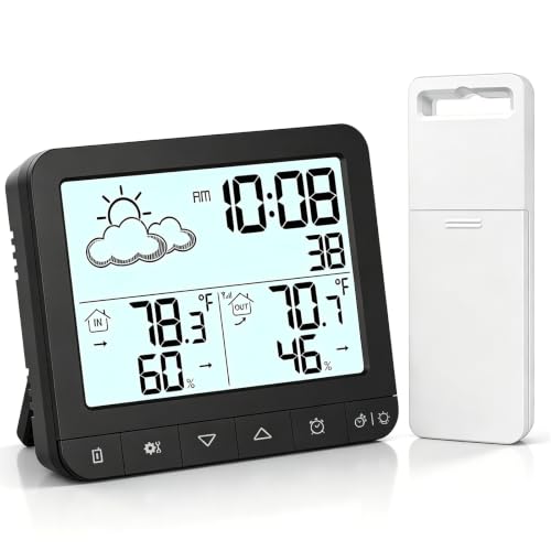 Indoor Outdoor Thermometer Wireless, Weather Station with Clock & Alarm