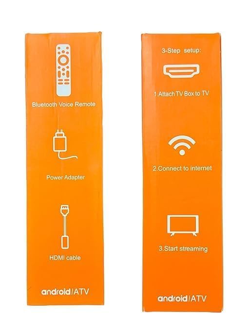 Side of the G96 Max TV Box packaging illustrating package contents: Bluetooth Voice Remote, Power Adapter, and HDMI cable.