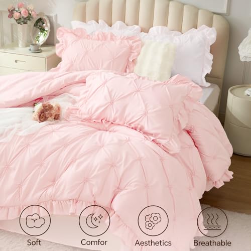 Image of BEDELITE Twin Comforter Set Ruffle-Baby Pink,Lightweight & Soft Comforter | Pintuck Boho Bedding, Warm & Cute Bed Set for All Season,With 1 Pillowcase