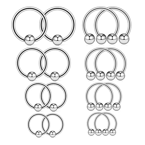 Longbeauty Lot de 16 anneaux en fer à cheval en acier inoxydable 16 G et anneaux à pincer pour septum - Piercing nez oreille, sourcil, langue, lèvre, téton, hélix tragus pour homme et femme 6-12 mm