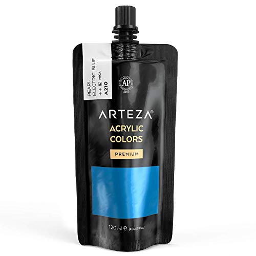 Arteza Metallic Acrylic Paint, Pearl Electric Blue A210, 120 ml Pouch, Highly Pigmented & Fade-Resistant, Non-Toxic, for Artists, Hobby Painters & Kids