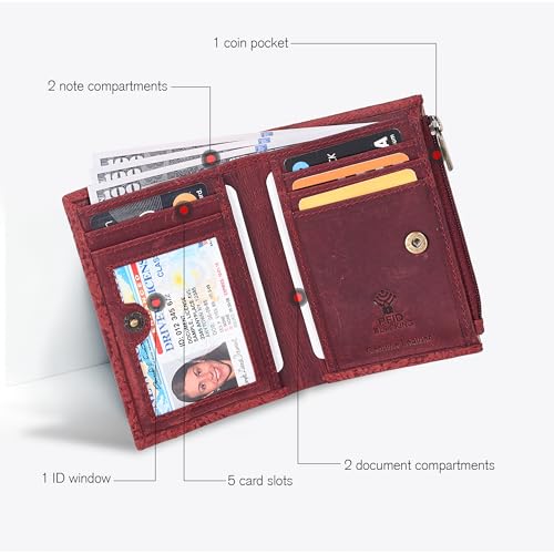 Image of Oak Leathers Leather Wallet For Women - Small RFID Coin Purse Credit Card & ID Holder for Ladies, Gift for Women's, Bifold Wallets (Crazy Horse Red Flower)