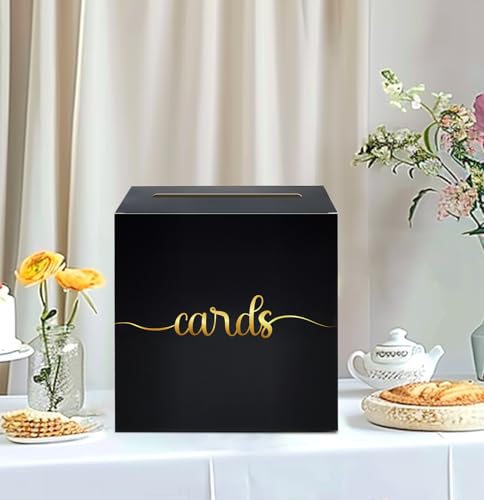Image of SietDESEO Black and Gold Card Box for Party Gift Card Box Holder for Wedding Reception Baby Shower Birthday Decorations Raffle Ticket Box