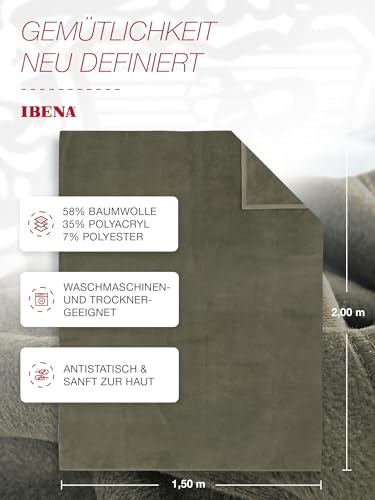 Ibena Porto Decke 150x200 cm – Baumwollmix weich, warm & waschbar, Kuscheldecke Oliv einfarbig
