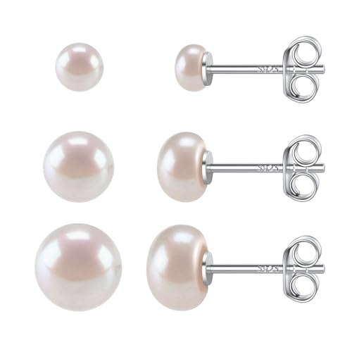 Boucle doreille Femme Perle de Culture Lot 3 Paires Clou d'oreilles Argent 925 avec Perle Blanche 4mm 6mm 8mm Bijoux Élégant Cadeau Anniversaire Femme Fille