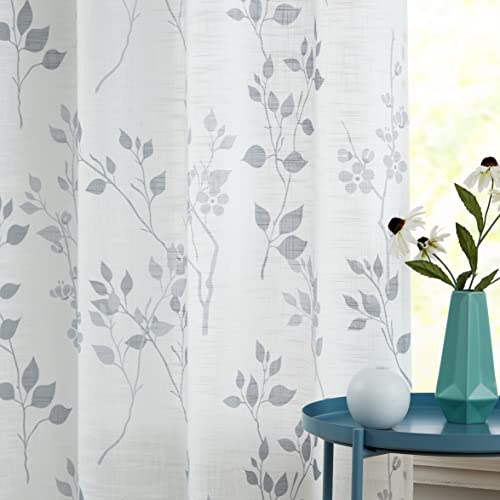 Beauoop Rideaux Translucides en Lin 2 Pièces,127CM de Large,Motif de Fleurs et de Feuilles,Rideaux Courts,A Oeillets Rideau Decoration Chambre pour Salon Rideau Cuisine 127x245cm,Gris Cover