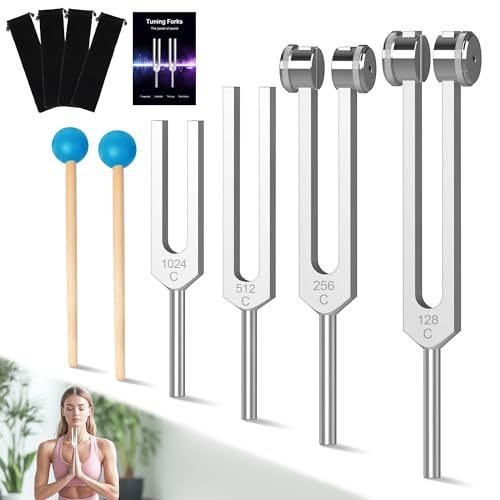 DiDiBirDi Tuning Fork Set 4pcs 128Hz, 256Hz, 512Hz, 1024Hz with Accessories for Yoga and Meditation,Relaxing Experience Brought by Sound Vibration