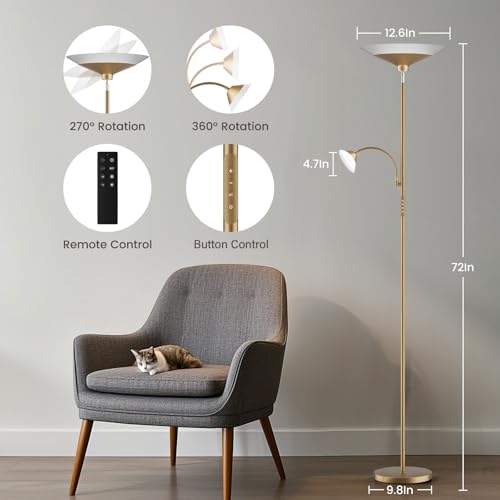 Image of SIBRILLE Gold Torchiere Floor Lamp - 2 Way LED Standing Lamp with Reading Light, Dimmable 72'' Tall Lamp with Remote Color Changing, 34W Mordern Uplighter for Living Room Bedroom Office