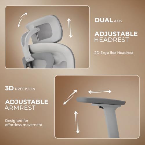 Image of Kepler Brooks Vogue Premium Office Chair for Work | 3-Yr Warranty | Ergonomic Office Chair, Study Chair, 2D Headrest, 3D Arms, Multi Lock Seat Slider with Heavy Duty Metal Base (Grey)