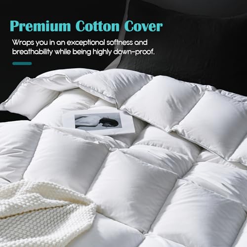 Image of Goose Feather Down Fiber Comforter Full Size, 100% Cotton Ultra Soft Fluffy Duvet Insert Full, All Season Luxurious Hotel Bedding Comforter with Corner Tabs, White 82 inchx86 inch