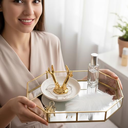 Plateau miroir doré pour commode et rangement cosmétique