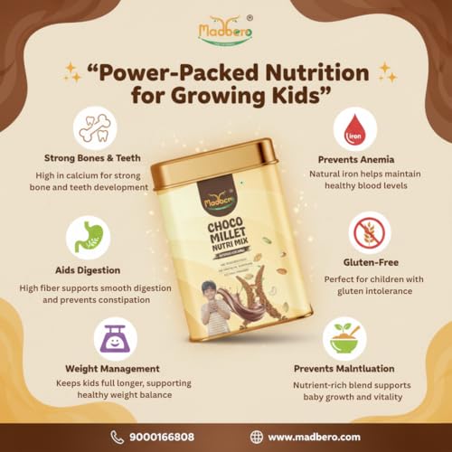 Image of Madbero Choco Millet Nutri Mix 225g (Pack of 2) | Ragi, Cocoa, Cashew, Almond, Walnut, Pistachio, Cardamom & Jaggery | No Refined Sugar or Preservatives | Chocolate Ready-to-Mix Blend