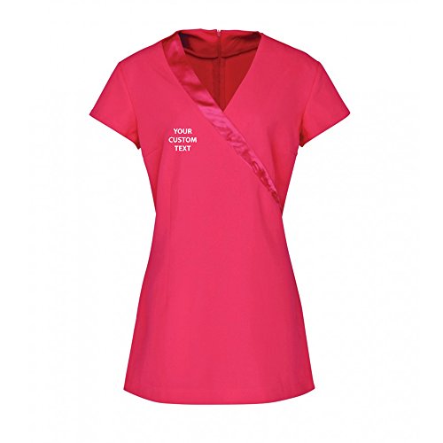 Image of Star and Stripes (XX-large-18) PR690 Personalised Ladies Rose Short Sleeve Tunic, CUSTOM TEXT Tunic Hot-Pink FRONT Embroidery print XX-Large size 18