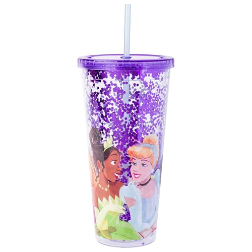 Image of Silver Buffalo Disney Princesses, Plastic Cold Cup, 32oz | Ariel, Cinderella, Tiana, Rapunzel and Jasmine, Confetti, Lid and Straw, 0.95 Liters