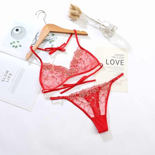 Image of SSoShHub Women Lingerie Set Lace Teddy Strap Babydoll Bodysuit Embroidery Bra and Panty Set