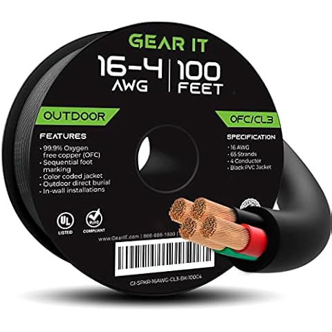 GearIT 16/4 Speaker Wire (100 Feet) 16AWG Gauge, Black 4-Conductors/Outdoor Direct Burial in Ground/in Wall / CL3 CL2 Rated - OFC Oxygen-Free Copper, Black 100ft Cover