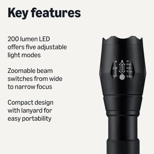Image of Amazon Basics Handheld LED Flashlight, 200 Lumen, Adjustable Brightness Focus, 5 Light Modes, Water Resistant IPX4, Black