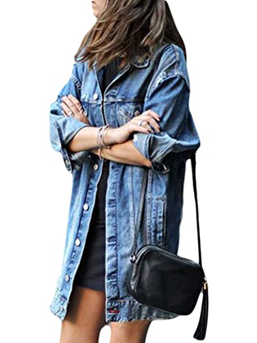 seiveini Mujer Chaqueta de Mezclilla Manga Larga Chaquetas de Mezclilla para Mujer con Bolsillo y Botones Suelta Casual Chaqueta de Jeans Abrigos Larga E Azul Oscuro XL Cover