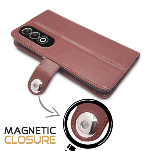 Image of Pikkme Flip Cover Leather Finish | Inside TPU with Card Pockets | Wallet Stand and Shock Proof | Complete Protection Button Flip Case for Oppo K12x 5G (Brown)