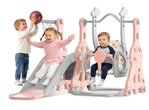 BIERUM 4-in-1 Toddler Slide Swing Set for Kids 1-3, Indoor/Outdoor
