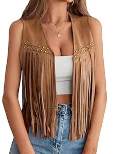 Damen Kurze Quasten-Weste 70er Hippie Kunstwildleder Fransen Weste Ärmellos Offene Vorderseite Western Jacke Cardigan Oberbekleidung, A-braun, L