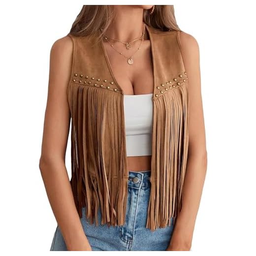 Damen Kurze Quasten-Weste 70er Hippie Kunstwildleder Fransen Weste Ärmellos Offene Vorderseite Western Jacke Cardigan Oberbekleidung, A-braun, M