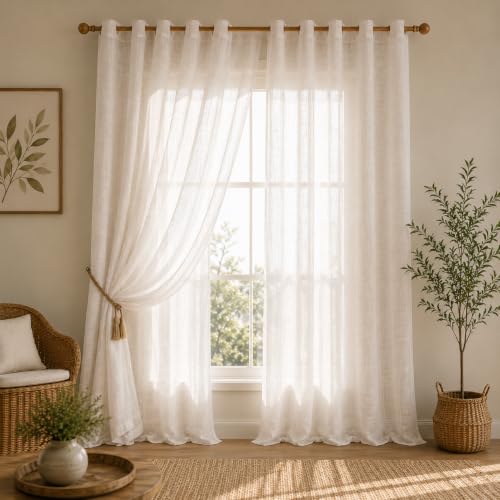 Image of LINENWALAS Aesthetic Sheer Curtains 9 Feet Long Set of 2, Poly Linen Shrink & Fade Proof Drapes for Long Door, Semi Transparent Modern Panels with Grommet Hanging for Living Room (White /9 Feet)