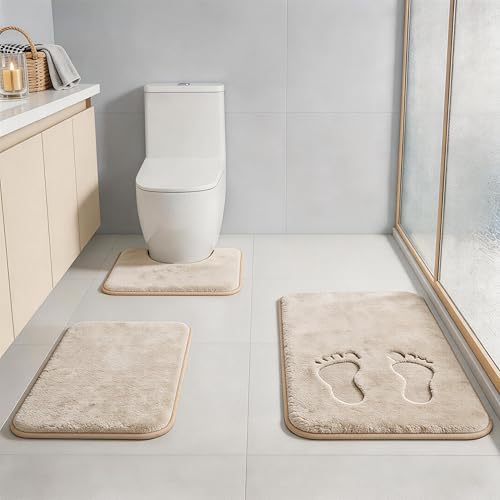 Beige Bath Mat Sets Extra Soft Memory Foam Bathroom Rugs 3 Piece Non Slip Absorbent & Dry Living Mat Sets Washable Bath Carpets with Toilet Rug,Bath Rugs for Bathroom,Tub,Shower,Kitchen,Bedr